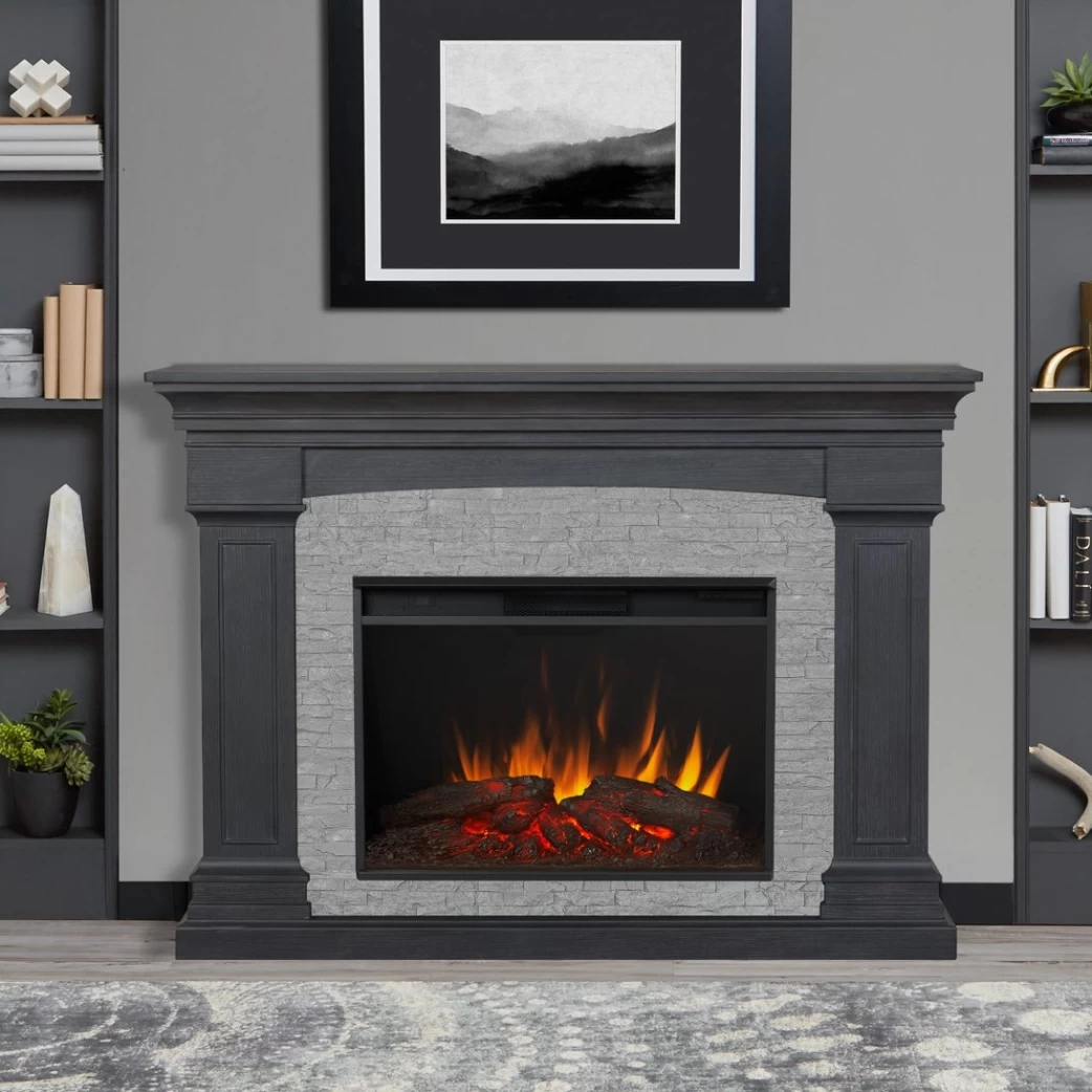 63" Deland Grand Real Flame Gray Stone Electric Fireplace