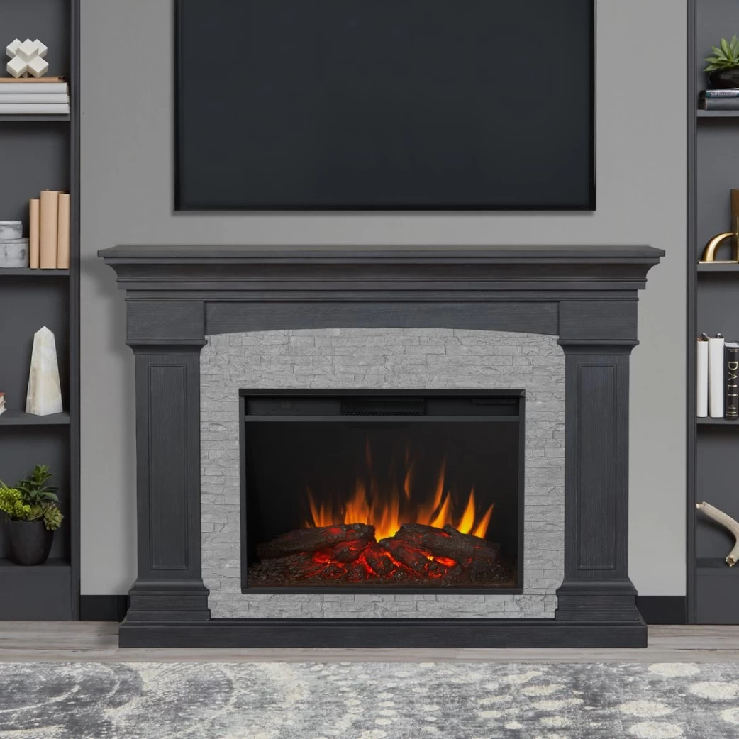 63" Deland Grand Real Flame Gray Stone Electric Fireplace - Image 2