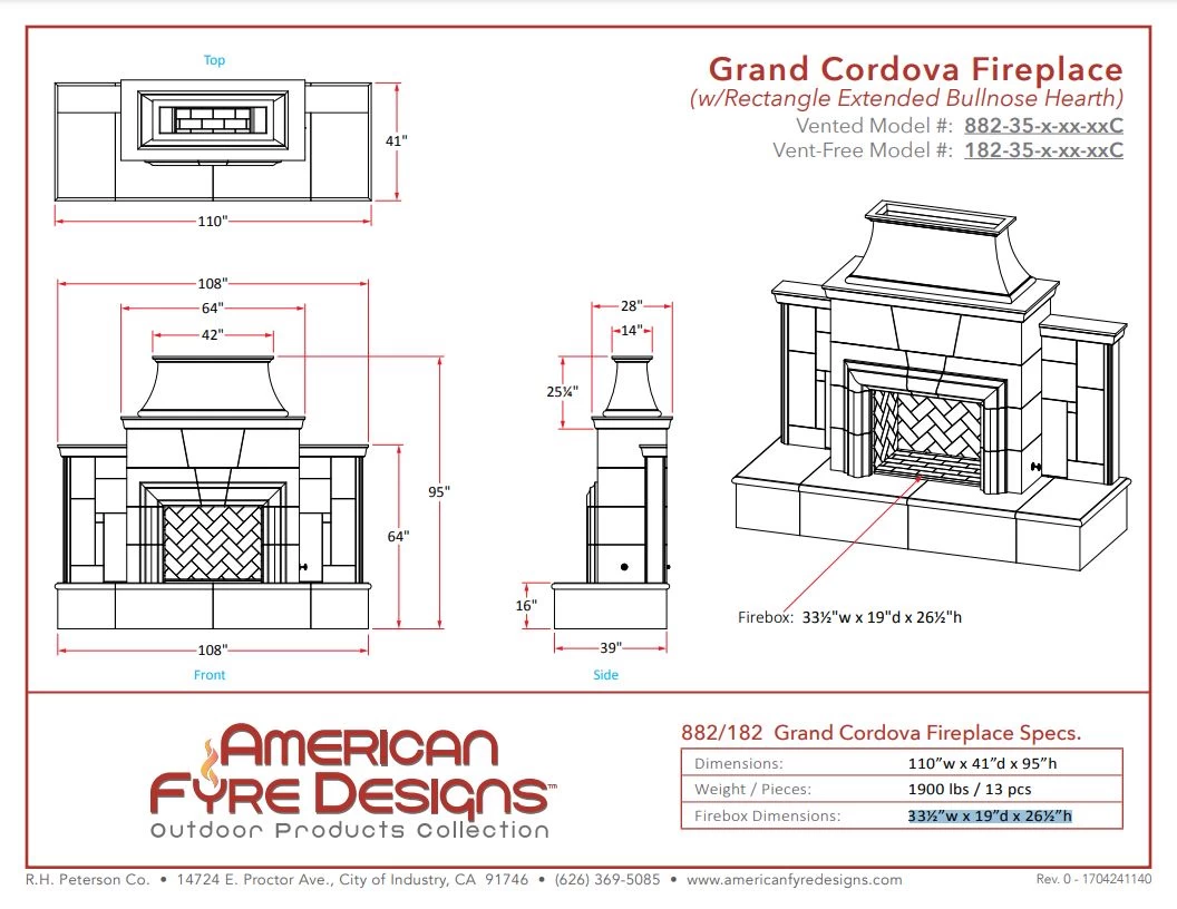 110" Grand Cordova Outdoor Fireplace W/ Rectangle Extended Hearth - Image 3
